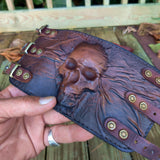 Handcrafted XL Genuine Vegetal Leather Rustic Brown Embossed Skull Design Cuff Unique Unisex Gift Skull Leather Bracelet Wristband