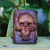 Handcrafted XL Genuine Vegetal Leather Rustic Brown Embossed Skull Design Cuff Unique Unisex Gift Skull Leather Bracelet Wristband