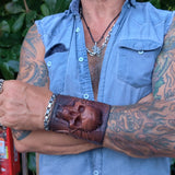 Handcrafted XL Genuine Vegetal Leather Rustic Brown Embossed Skull Design Cuff Unique Unisex Gift Skull Leather Bracelet Wristband