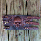Handcrafted XL Genuine Vegetal Leather Rustic Brown Embossed Skull Design Cuff Unique Unisex Gift Skull Leather Bracelet Wristband