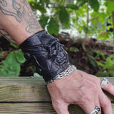 Made To Order-Handcrafted Genuine Black Vegetal Leather Embossed Skull Design Cuff, Cool Unique Lifestyle Gift Skull Leather Bracelet-Biker's Wristband