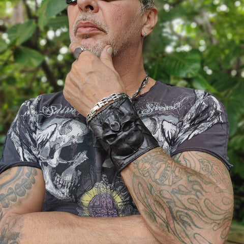 Made To Order-Handcrafted Genuine Black Vegetal Leather Embossed Skull Design Cuff, Cool Unique Lifestyle Gift Skull Leather Bracelet-Biker's Wristband