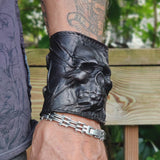 Made To Order-Handcrafted Genuine Black Vegetal Leather Embossed Skull Design Cuff, Cool Unique Lifestyle Gift Skull Leather Bracelet-Biker's Wristband