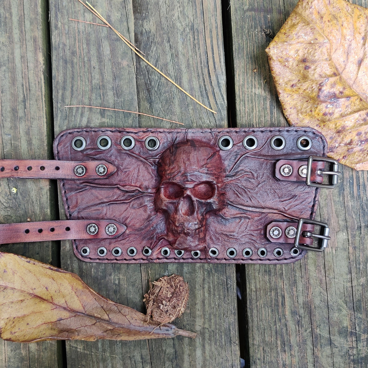 HM03 Brown Cool Biker Tribal Skull Metal Studded Mens Leather Bracelet Wide Cuff | UK