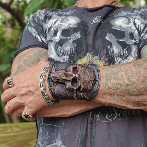 MADE TO ORDER - Handcrafted Genuine Rustic Vegetal Leather Embossed Skull Design Cuff, Cool Unique Lifestyle Gift Skull Leather Bracelet-Biker's Wristband