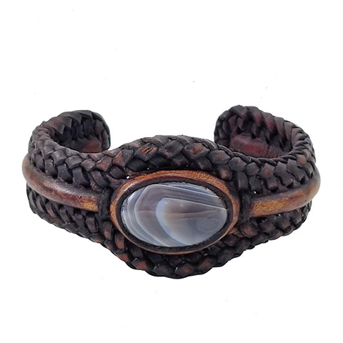 Boho Handcrafted Genuine Brown Braided Leather Bracelet with Gray Agate Stone-Unique Gift Fashion Jewelry Cuff