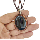 Boho Handcrafted Genuine Brown Vegetal Leather Necklace with Black Agate Stone Setting- Unique Gift Unisex Fashion Leather Jewelry