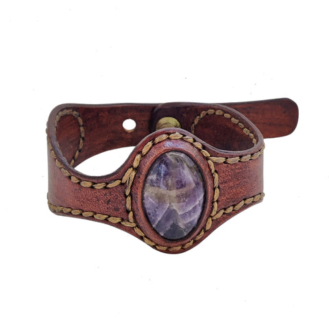 Handcrafted Genuine Vegetal Leather Cuff with Amethyst-Purple Agate Stone-Lifestyle Unique Bracelet with Naturel Stone Bracelet