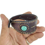 Handcrafted Genuine Brown Vegetal Leather Cuff with Firuze Stone Setting-Lifestyle Unique Gift Fashion Jewelry Bracelet-Bangle