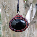 Handcrafted Genuine Vegetal Leather Necklace with Black Agate Setting Pendant-Unique Gift Unisex Fashion Leather Jewelry