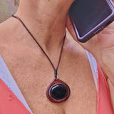 Handcrafted Genuine Vegetal Leather Necklace with Black Agate Setting Pendant-Unique Gift Unisex Fashion Leather Jewelry