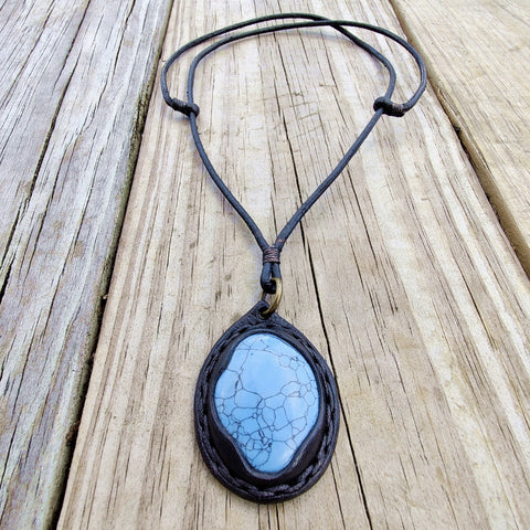 Boho Handcrafted Genuine Leather Necklace with Turquoise Stone setting  - Quality Unisex Fashion Leather Jewelery