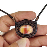 Handcrafted Genuine Vegetal Leather Necklace with Amber Agate Setting Pendant-Unique Unisex Gift Fashion Leather Jewelry