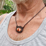 Handcrafted Genuine Vegetal Leather Necklace with Amber Agate Setting Pendant-Unique Unisex Gift Fashion Leather Jewelry