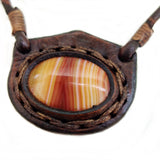 Handcrafted Genuine Vegetal Leather Necklace with Amber Agate Setting Pendant-Unique Unisex Gift Fashion Leather Jewelry