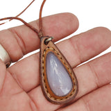 Handcrafted Genuine Vegetal Brown Leather Necklace with White Agate Setting-Quality Gift Unisex Fashion Leather Jewelry