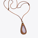 Handcrafted Genuine Vegetal Brown Leather Necklace with White Agate Setting-Quality Gift Unisex Fashion Leather Jewelry