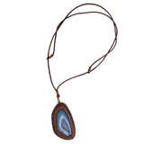 Boho Handcrafted Genuine Vegetal Leather Necklace with Green and White Agate Stone Pendant-Unique Gift Unisex Fashion Jewelry