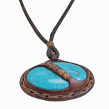Handcrafted Boho Brown Vegetal Leather Necklace with Turquoise Stone setting - Quality Unisex Gift Fashion Leather Jewelery