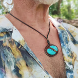Handcrafted Boho Brown Vegetal Leather Necklace with Turquoise Stone setting - Quality Unisex Gift Fashion Leather Jewelery