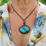 Handcrafted Boho Brown Vegetal Leather Necklace with Turquoise Stone setting - Quality Unisex Gift Fashion Leather Jewelery