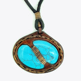 Handcrafted Boho Brown Vegetal Leather Necklace with Turquoise Stone setting - Quality Unisex Gift Fashion Leather Jewelery