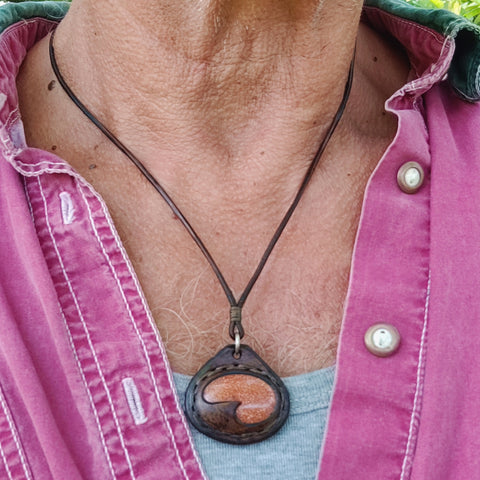 Handcrafted Genuine Vegetal Brown Leather Necklace with Gold Stone Pendant-Unique Gift Unisex Fashion Leather Jewelry Choker
