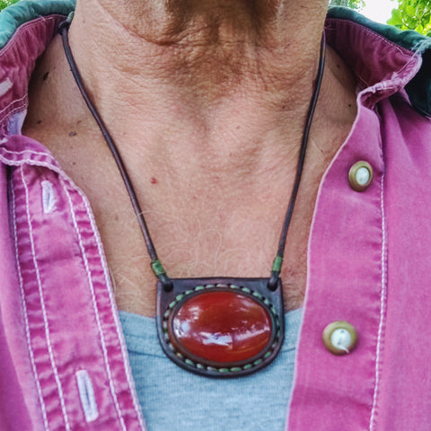 Boho Handcrafted Genuine Vegetal Leather Necklace with Red Agate Stone Pendant-Unique Gift Unisex Fashion Leather Jewelry Choker