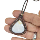 Handcrafted Genuine Vegetal Brown Leather Necklace with White Agate Setting- Unique Gift Unisex Fashion Jewelry Choker