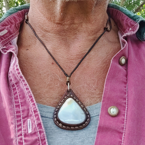 Handcrafted Genuine Vegetal Brown Leather Necklace with White Agate Setting- Unique Gift Unisex Fashion Jewelry Choker