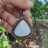 Handcrafted Genuine Vegetal Brown Leather Necklace with White Agate Setting- Unique Gift Unisex Fashion Jewelry Choker