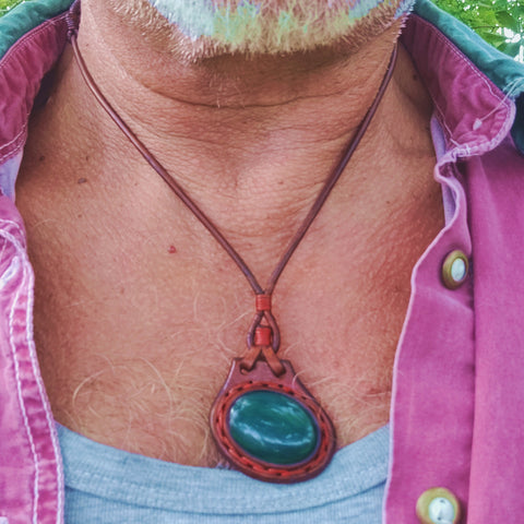 Boho Handcrafted Genuine Leather Necklace with Green Agate Stone-Lifestyle Unique Gift Unisex Fashion Leather Jewelry Choker