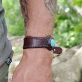 Handcrafted Genuine Brown Vegetal Leather Cuff with Firuze Stone Setting-Lifestyle Unique Gift Fashion Jewelry Bracelet