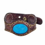 Handcrafted Genuine Brown Vegetal Leather Cuff with Firuze Stone Setting-Lifestyle Unique Gift Fashion Jewelry Bracelet-Bangle