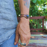 Handcrafted Genuine Brown Vegetal Leather Cuff with Black Agate Stone Setting-Lifestyle Unique Gift Fashion Jewelry Bracelet