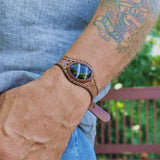 Handcrafted Genuine Brown Vegetal Leather Cuff with Black Agate Stone Setting-Lifestyle Unique Gift Fashion Jewelry Bracelet