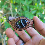 Handcrafted Genuine Brown Vegetal Leather Cuff with Black Agate Stone Setting-Lifestyle Unique Gift Fashion Jewelry Bracelet