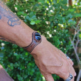 Handcrafted Genuine Brown Vegetal Leather Cuff with Black Agate Stone Setting-Lifestyle Unique Gift Fashion Jewelry Bracelet