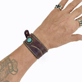 Handcrafted Genuine Brown Vegetal Leather Cuff with Firuze Stone Setting-Lifestyle Unique Gift Fashion Jewelry Bracelet