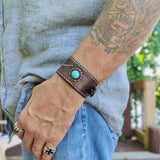 Handcrafted Genuine Brown Vegetal Leather Cuff with Firuze Stone Setting-Lifestyle Unique Gift Fashion Jewelry Bracelet