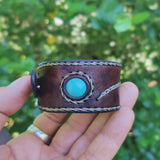 Handcrafted Genuine Brown Vegetal Leather Cuff with Firuze Stone Setting-Lifestyle Unique Gift Fashion Jewelry Bracelet