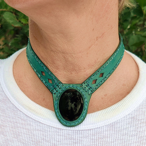 Boho Handcrafted Genuine Vegetal Leather Choker with Black Agate Stone-Unisex Gift Fashion Jewelry with Natural Stone