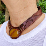 Boho Handcrafted Genuine Vegetal Leather Choker with Yellow Agate Stone Setting-Unique Women's Gift Fashion Jewelry with Natural Stone