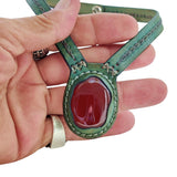 Boho Handcrafted Genuine Vegetal Leather Choker with Red Agate Stone-Unisex Gift Fashion Jewelry with Natural Stone
