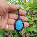 Handcrafted Genuine Brown Vegetal Leather Necklace with Firuze Stone setting-Unique Lifestyle Gift Unisex Fashion Leather Jewelry