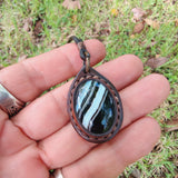 Boho Handcrafted Genuine Leather Necklace with Black Agate with White Stripes Setting-Unique Gift Unisex Fashion Leather Jewelry