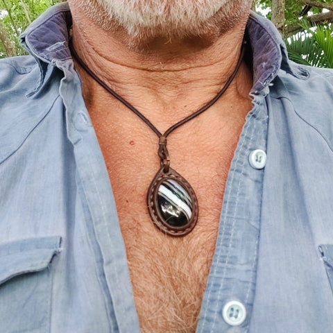 Boho Handcrafted Genuine Leather Necklace with Black Agate with White Stripes Setting-Unique Gift Unisex Fashion Leather Jewelry