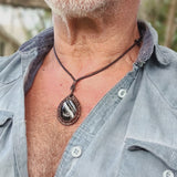 Boho Handcrafted Genuine Leather Necklace with Black Agate with White Stripes Setting-Unique Gift Unisex Fashion Leather Jewelry