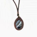 Boho Handcrafted Genuine Leather Necklace with Black Agate with White Stripes Setting-Unique Gift Unisex Fashion Leather Jewelry