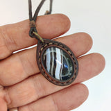 Boho Handcrafted Genuine Leather Necklace with Black Agate with White Stripes Setting-Unique Gift Unisex Fashion Leather Jewelry